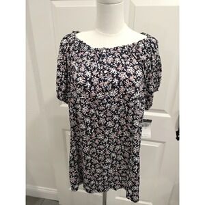 NWT CHAPS Women 1X Navy Floral Print Off Shoulder Button Front Top
